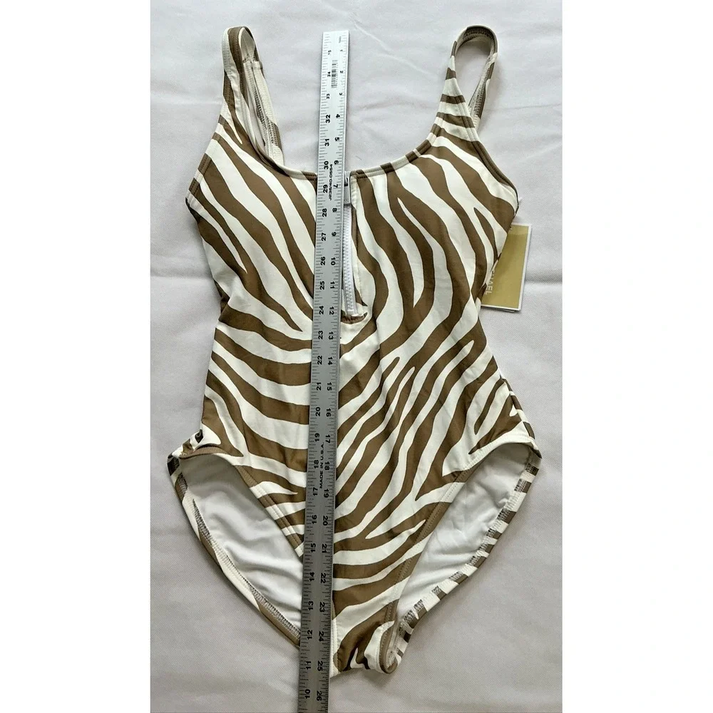 NEW Michael Kors Women's One Piece Swimsuit Size 10 Tan White Zebra Print Zipper